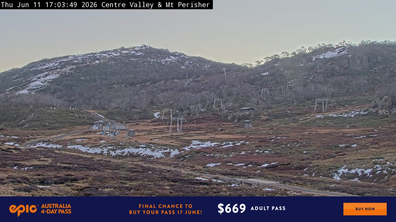 Perisher Centre Valley and Mt Perisher snow cam captured at 11 June 2026 at 5:08 pm AEST