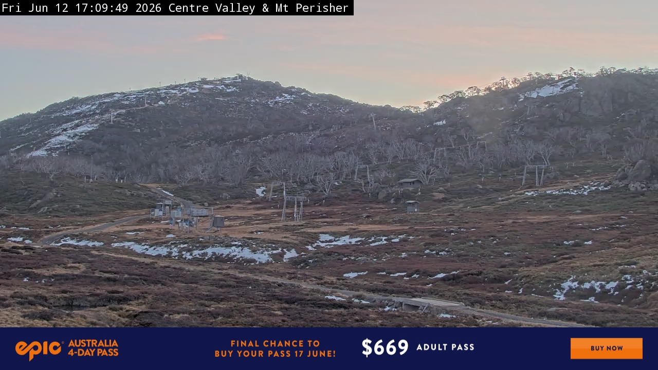 Perisher Centre Valley and Mt Perisher snow cam captured at 12 June 2026 at 5:14 pm AEST