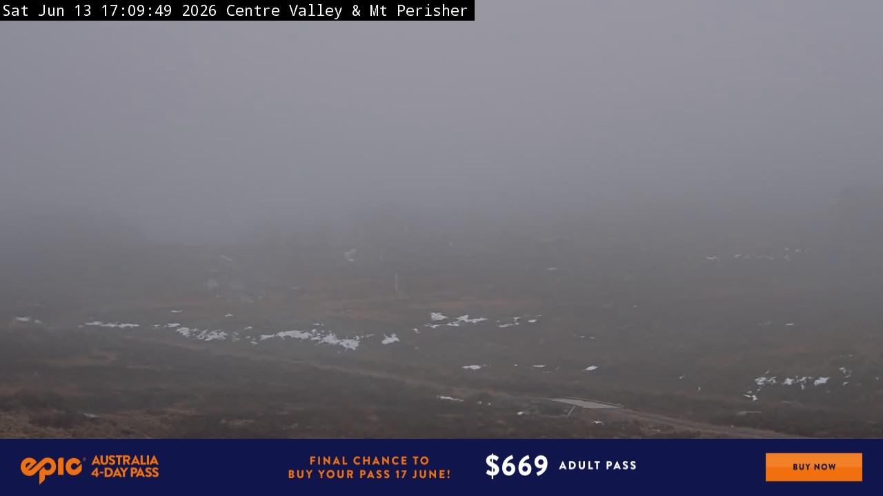 Perisher Centre Valley and Mt Perisher snow cam captured at 13 June 2026 at 5:15 pm AEST