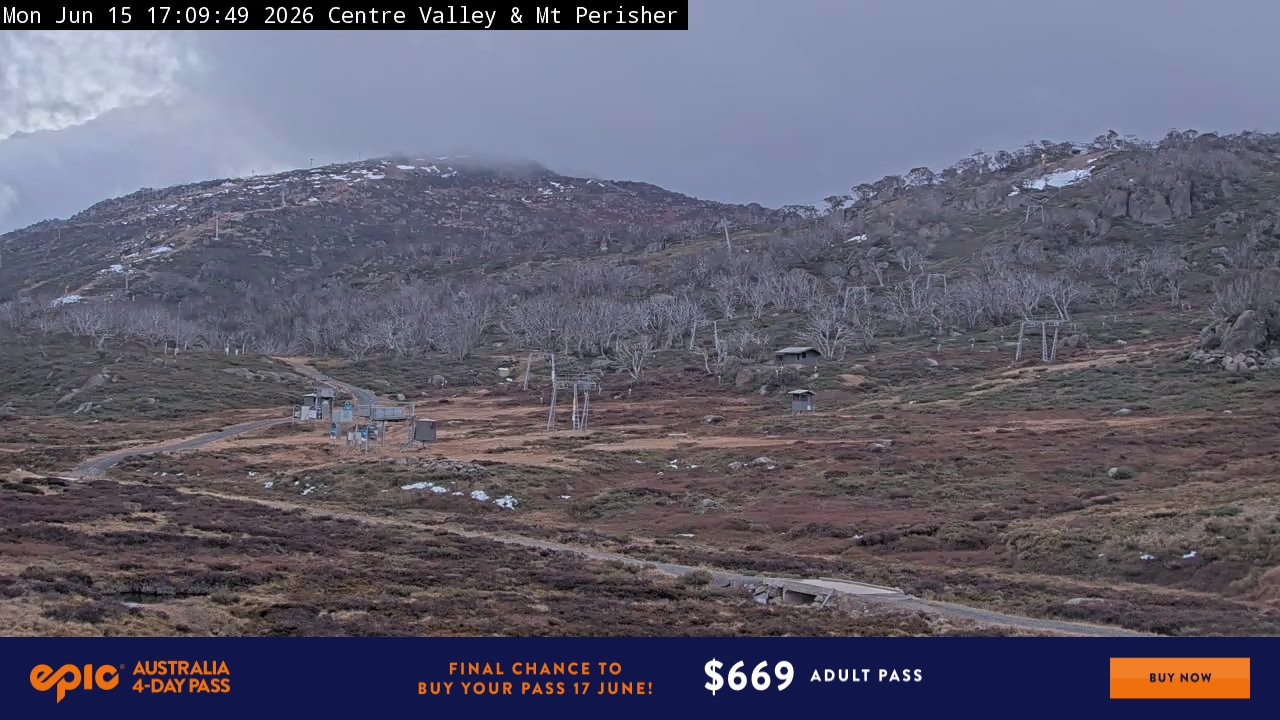 Perisher Centre Valley and Mt Perisher snow cam captured at 15 June 2026 at 5:15 pm AEST