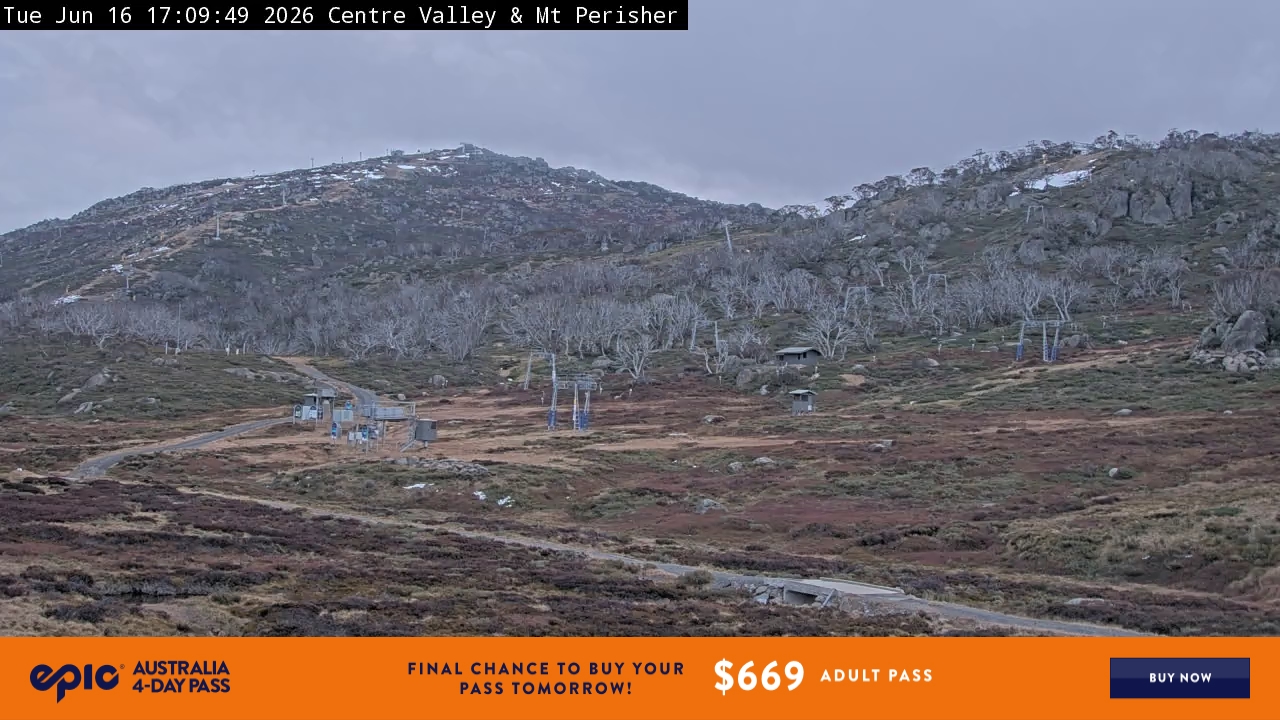 Perisher Centre Valley and Mt Perisher snow cam captured at 16 June 2026 at 5:14 pm AEST