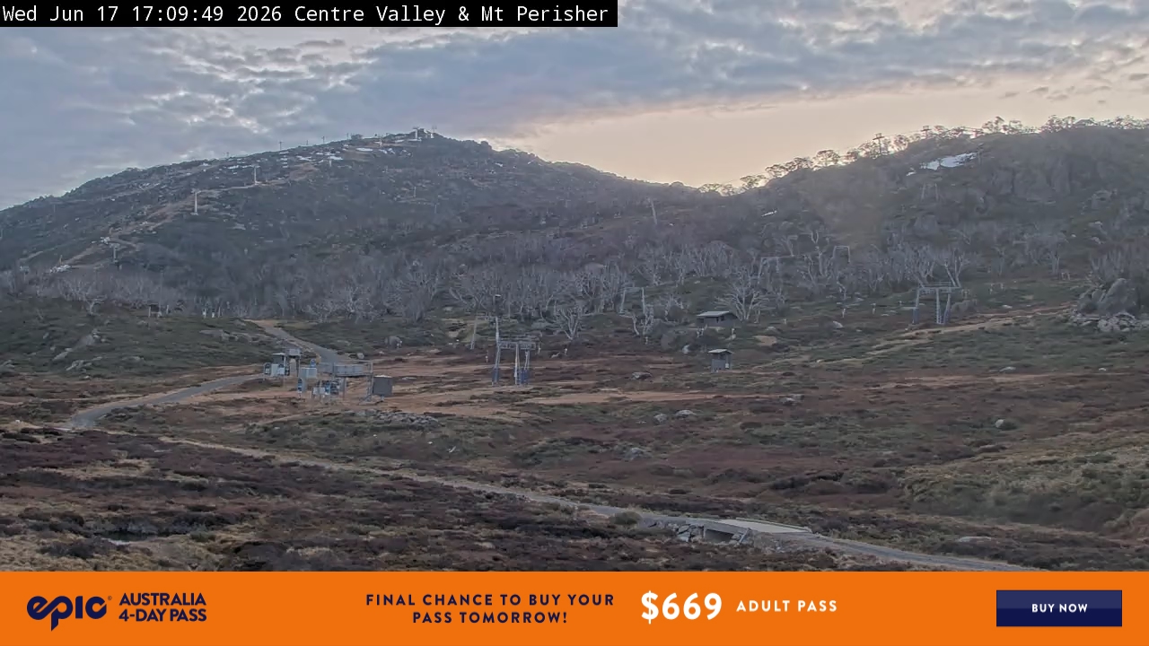 Perisher Centre Valley and Mt Perisher snow cam captured at 17 June 2026 at 5:14 pm AEST