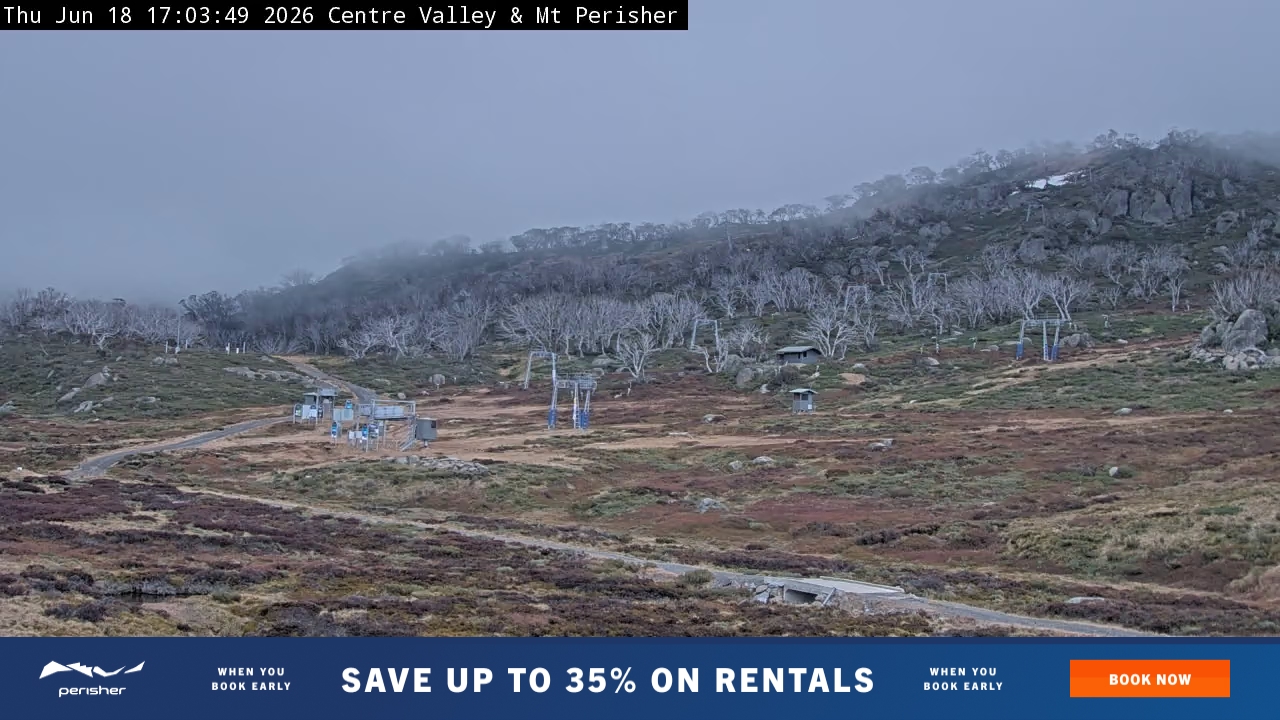 Perisher Centre Valley and Mt Perisher snow cam captured at 18 June 2026 at 5:08 pm AEST