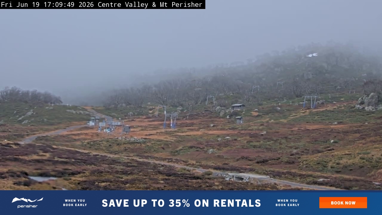 Perisher Centre Valley and Mt Perisher snow cam captured at 19 June 2026 at 5:13 pm AEST
