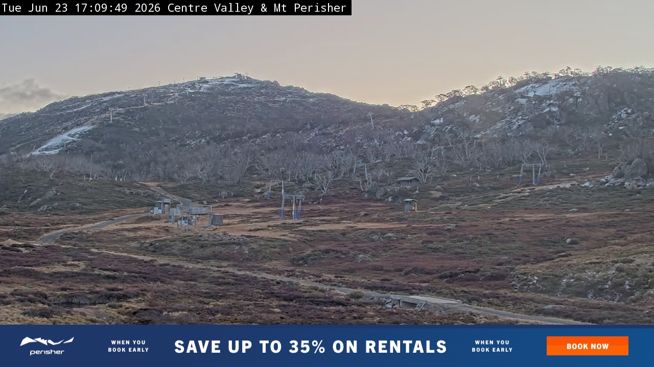Perisher Centre Valley and Mt Perisher snow cam captured at 23 June 2026 at 5:12 pm AEST