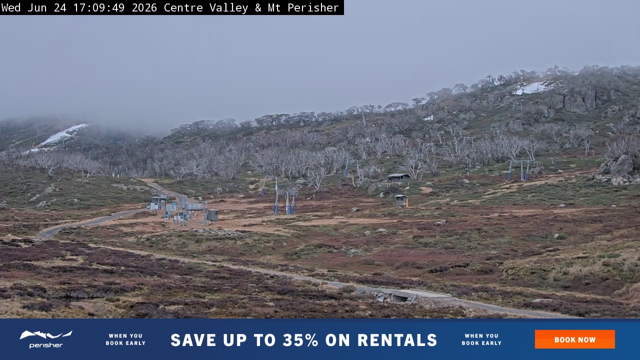 Perisher Centre Valley and Mt Perisher snow cam captured at 24 June 2026 at 5:12 pm AEST