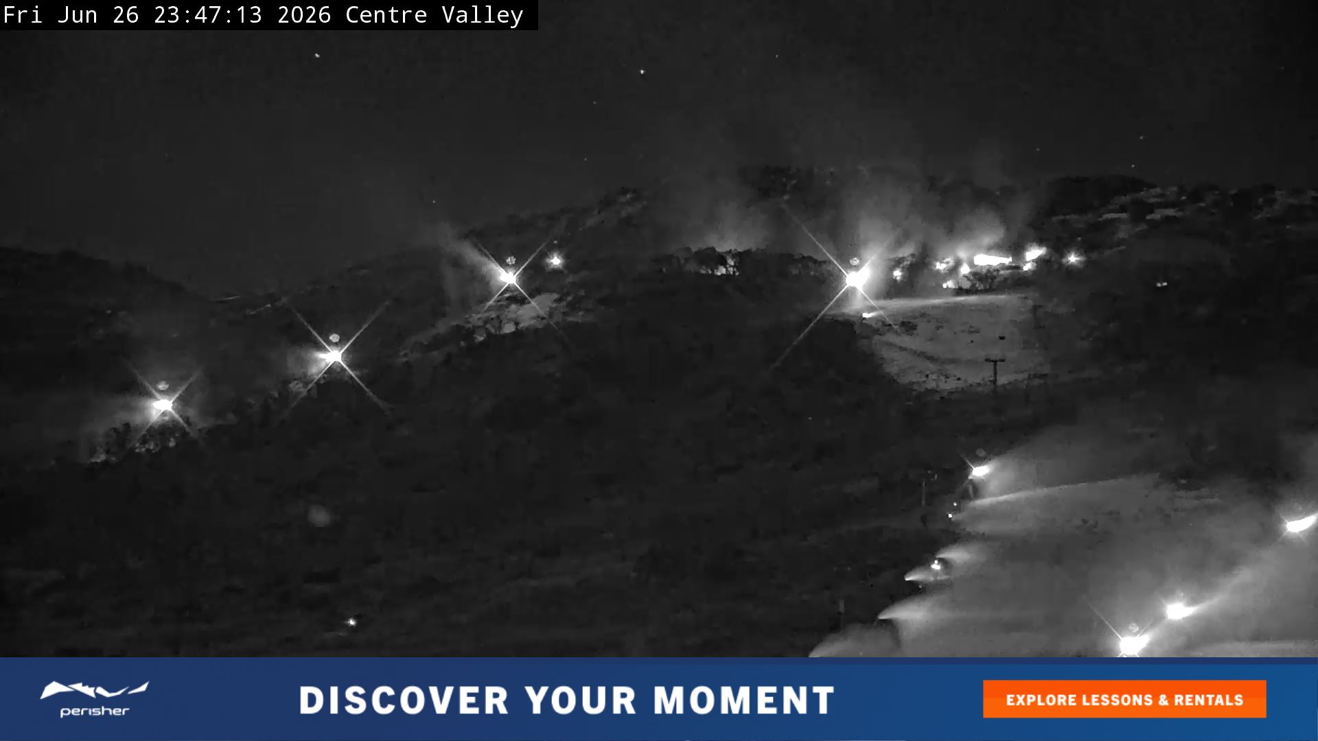 Perisher Centre Valley and Mt Perisher snow cam captured at 26 June 2026 at 11:48 pm AEST