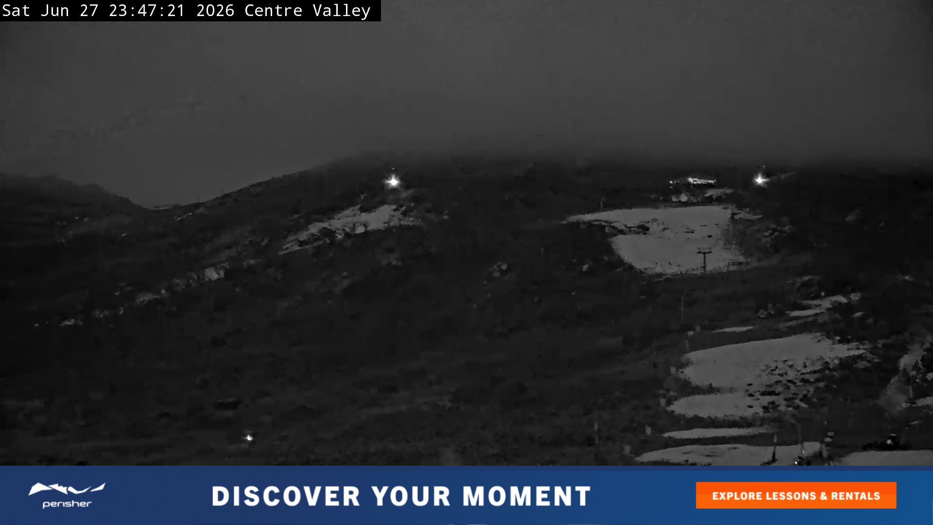 Perisher Centre Valley and Mt Perisher snow cam captured at 27 June 2026 at 11:50 pm AEST