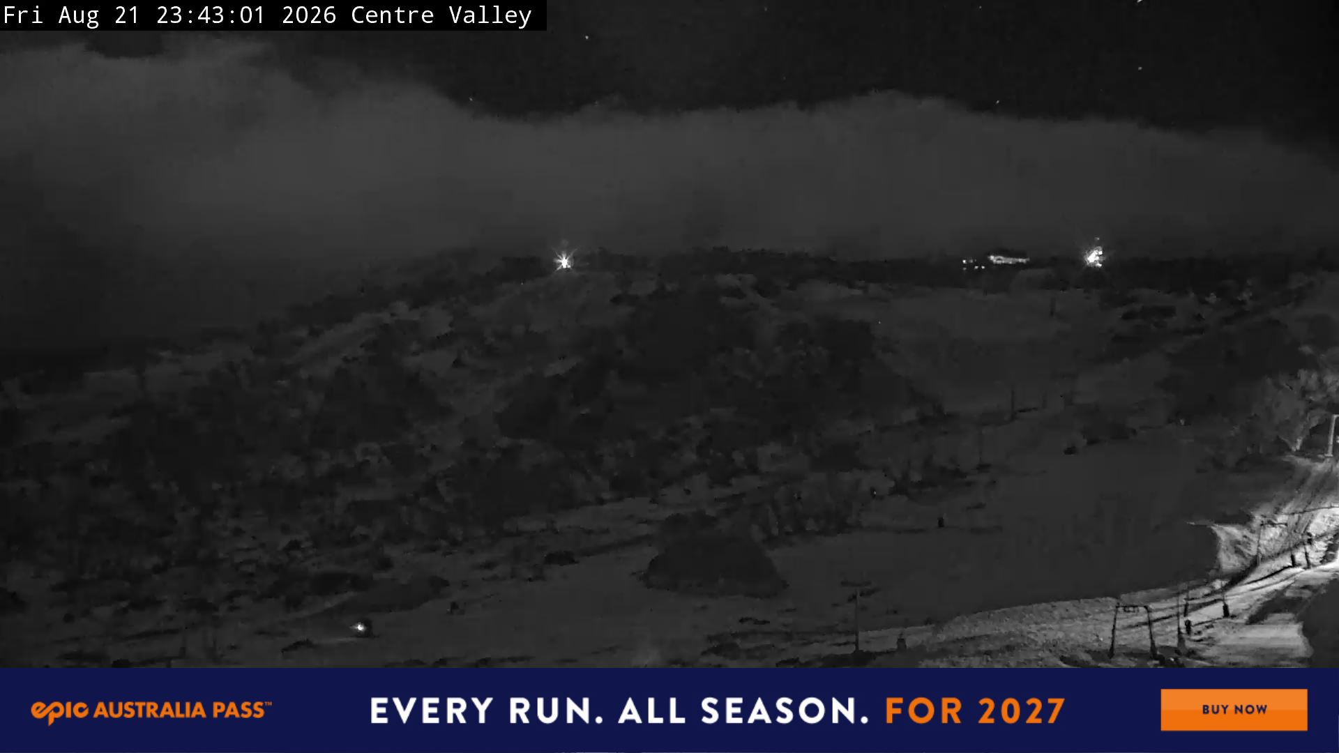Perisher Centre Valley and Mt Perisher snow cam captured at 21 August 2026 at 11:51 pm AEST