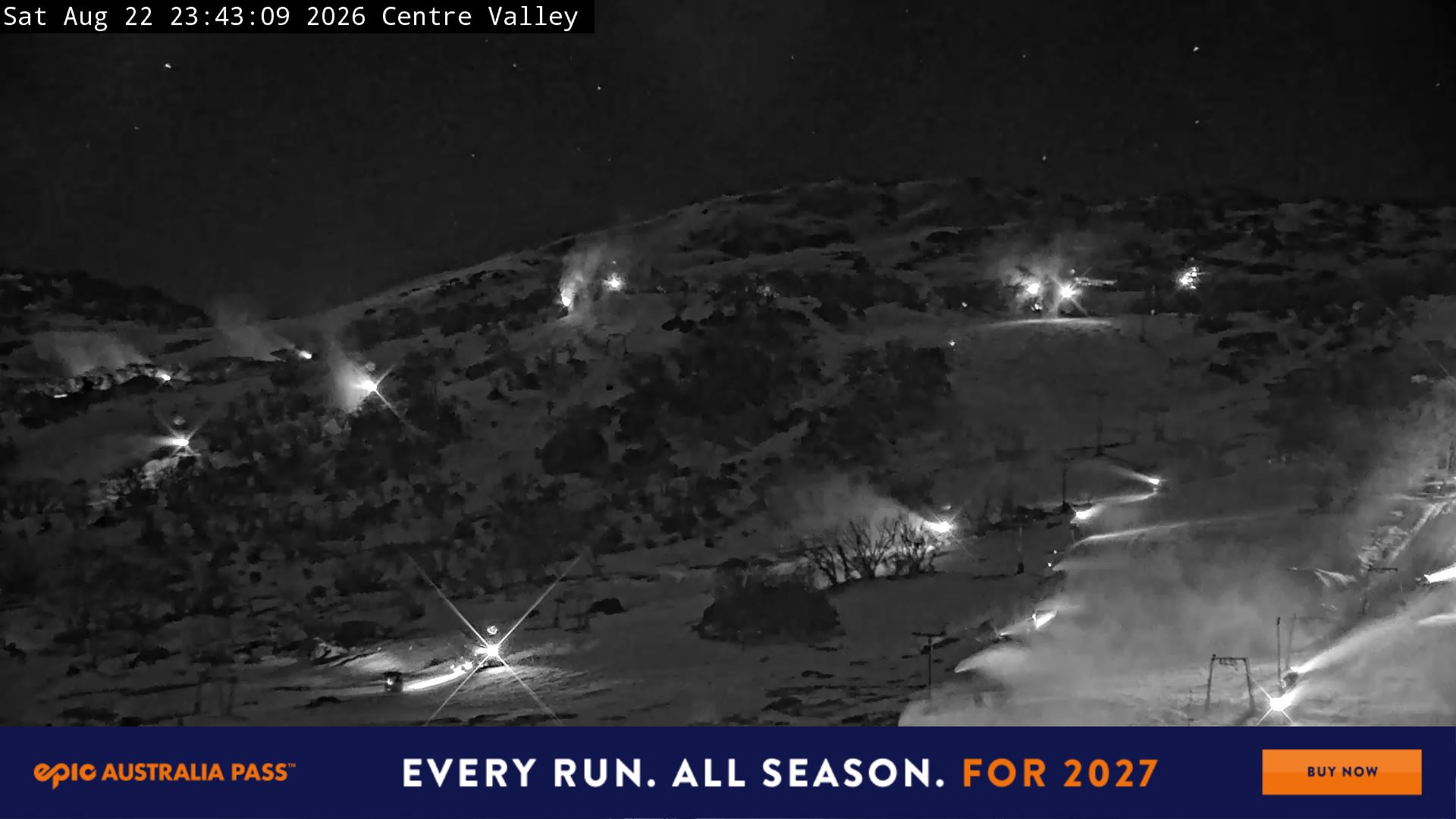 Perisher Centre Valley and Mt Perisher snow cam captured at 22 August 2026 at 11:52 pm AEST