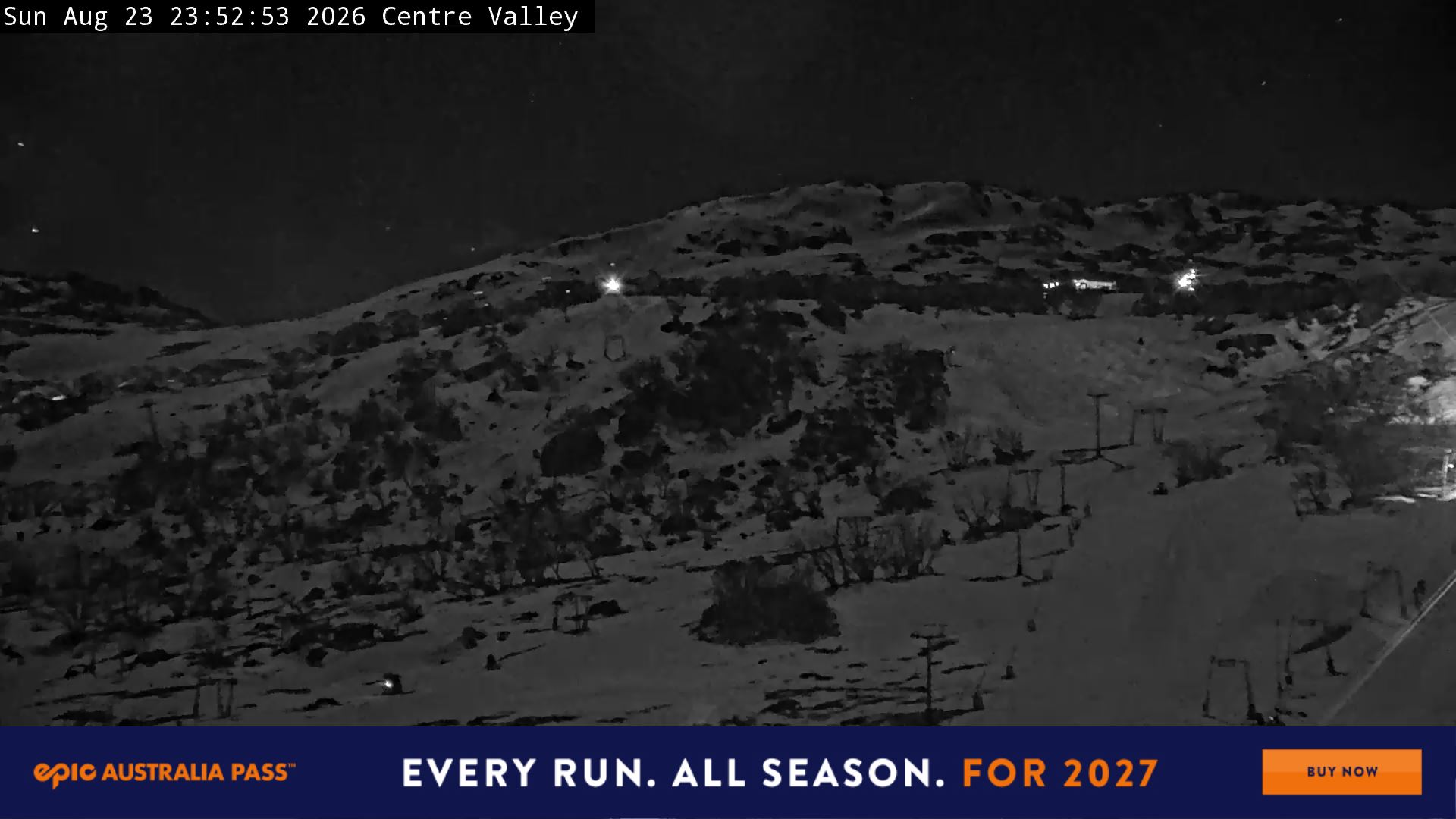 Perisher Centre Valley and Mt Perisher snow cam captured at 23 August 2026 at 11:53 pm AEST