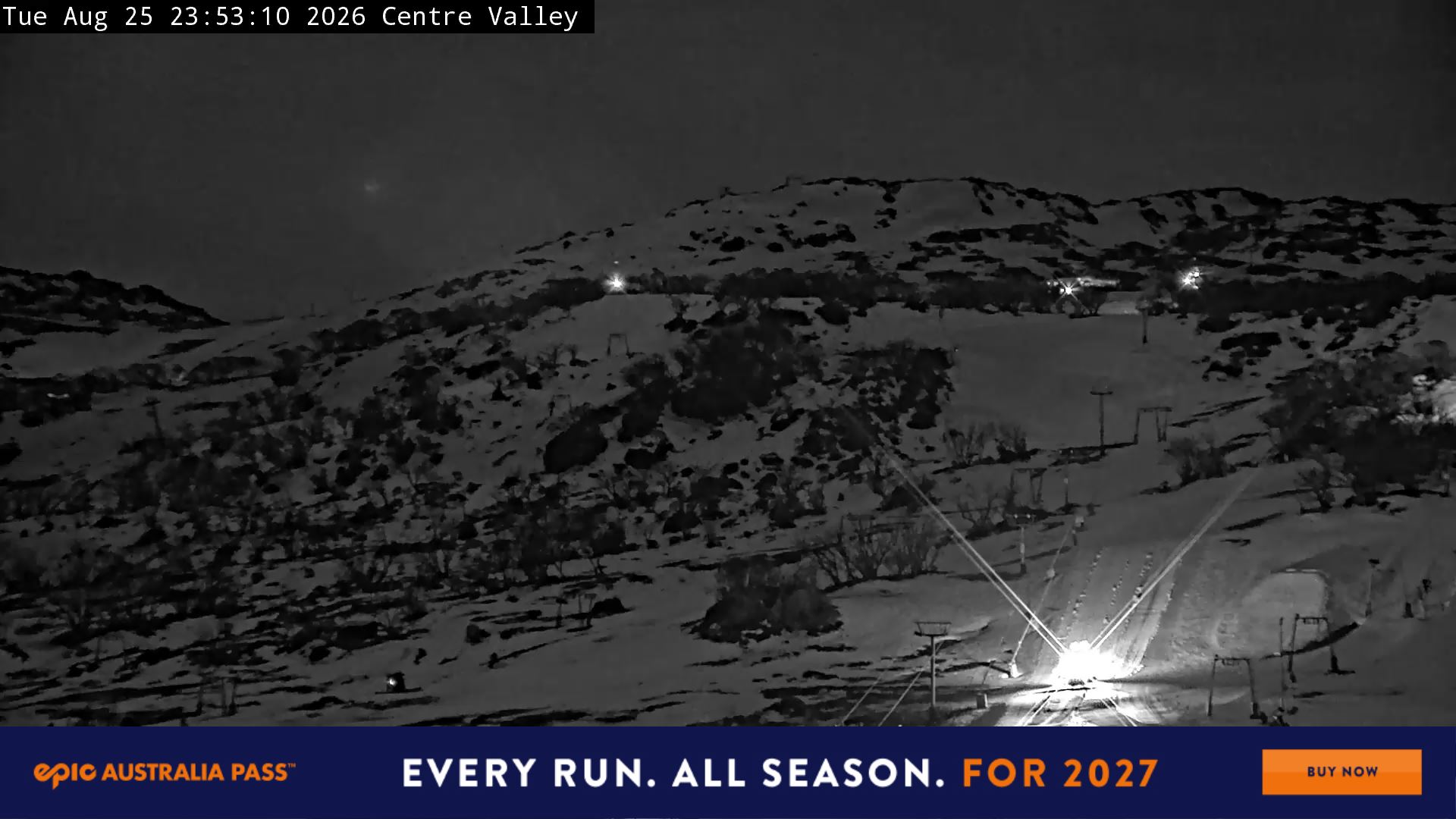 Perisher Centre Valley and Mt Perisher snow cam captured at 25 August 2026 at 11:55 pm AEST