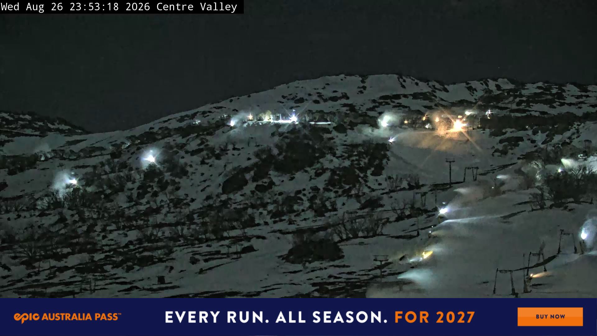 Perisher Centre Valley and Mt Perisher snow cam captured at 26 August 2026 at 11:56 pm AEST