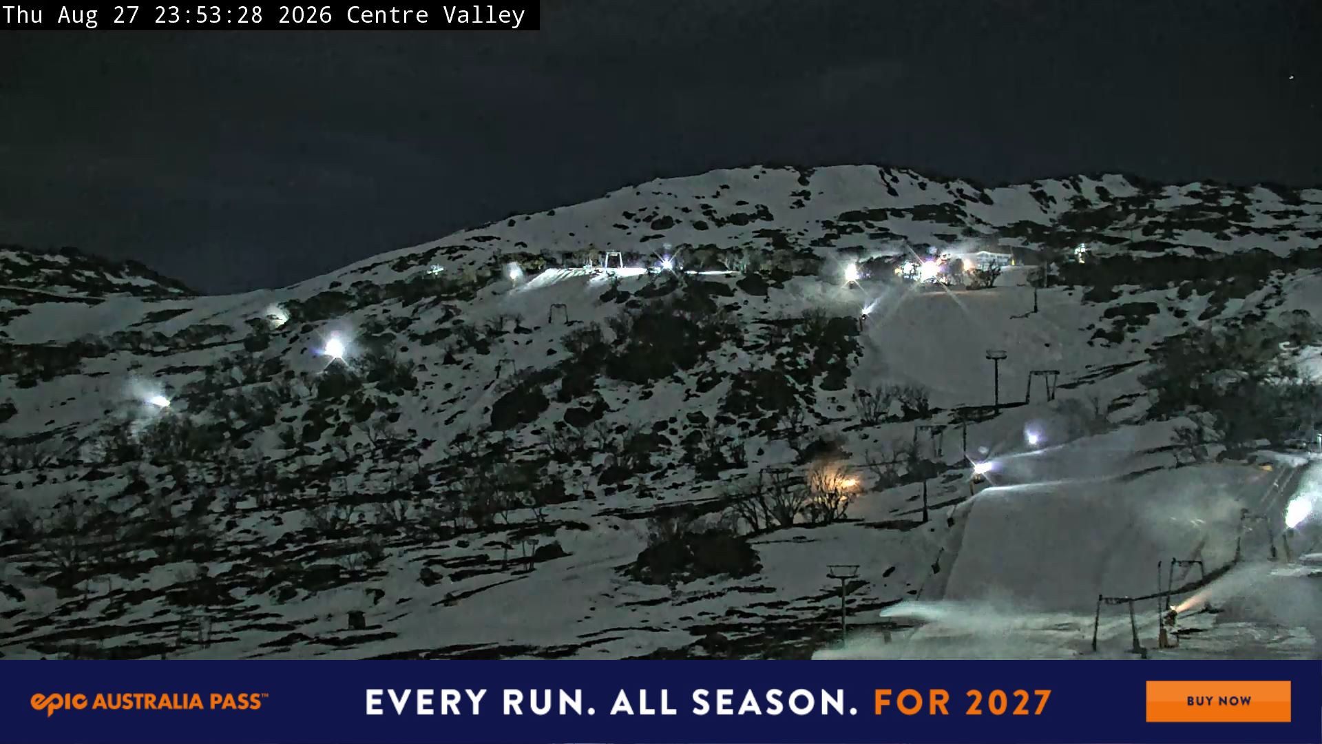 Perisher Centre Valley and Mt Perisher snow cam captured at 27 August 2026 at 11:57 pm AEST