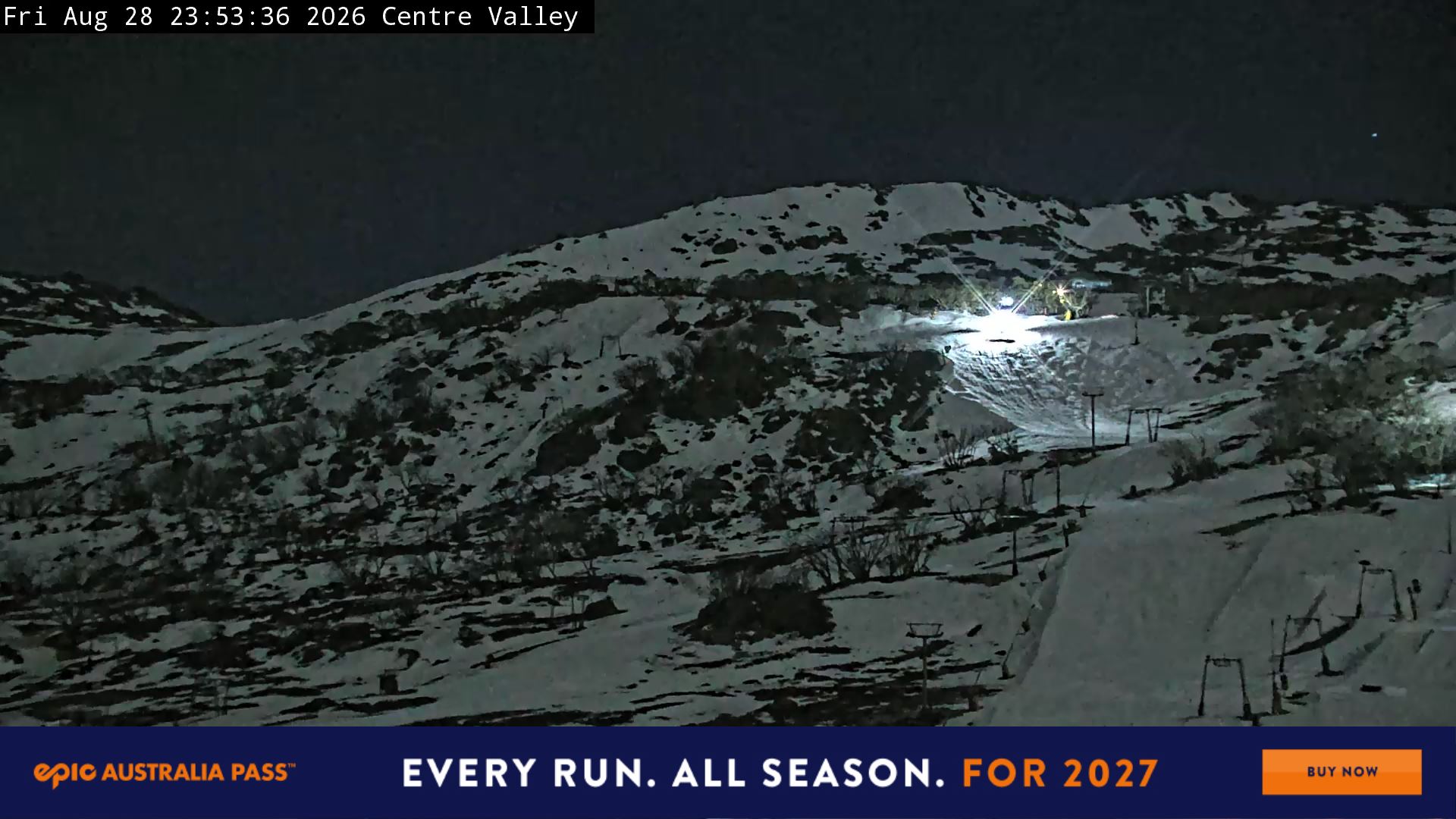 Perisher Centre Valley and Mt Perisher snow cam captured at 28 August 2026 at 11:58 pm AEST