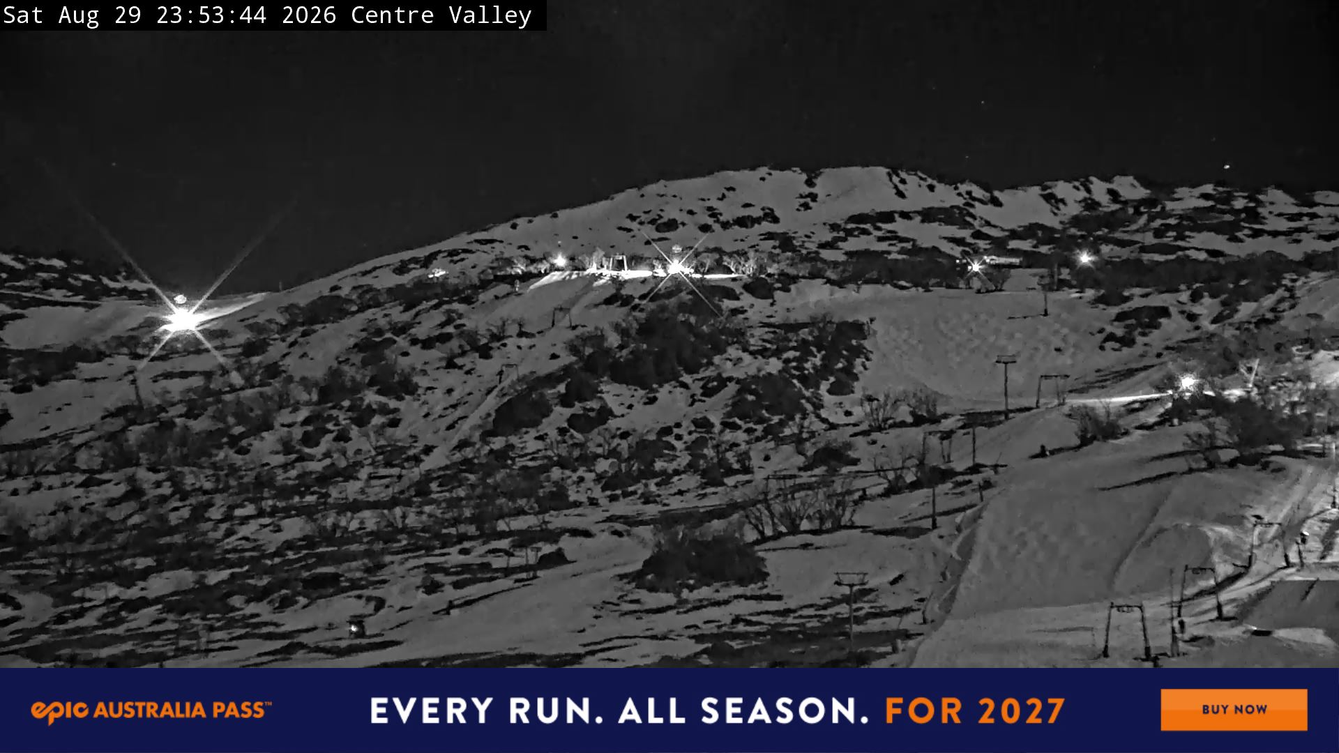 Perisher Centre Valley and Mt Perisher snow cam captured at 29 August 2026 at 11:59 pm AEST