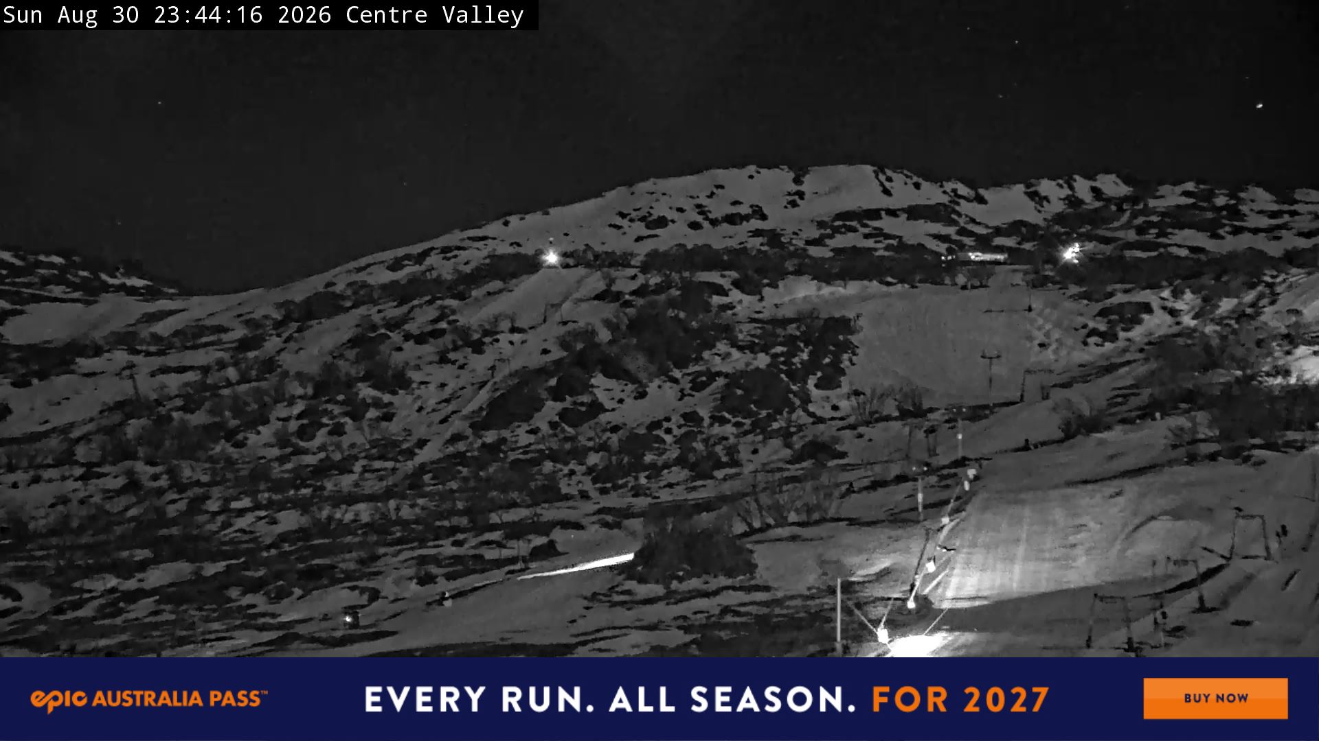 Perisher Centre Valley and Mt Perisher snow cam captured at 30 August 2026 at 11:49 pm AEST
