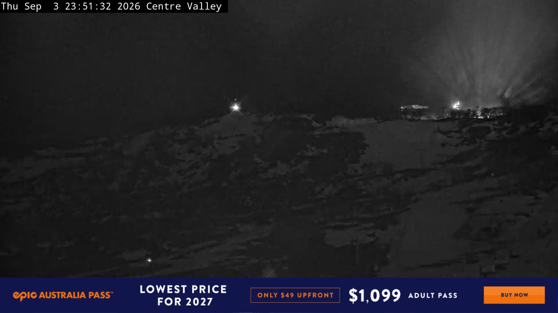 Perisher Centre Valley and Mt Perisher snow cam captured at 3 September 2026 at 11:54 pm AEST