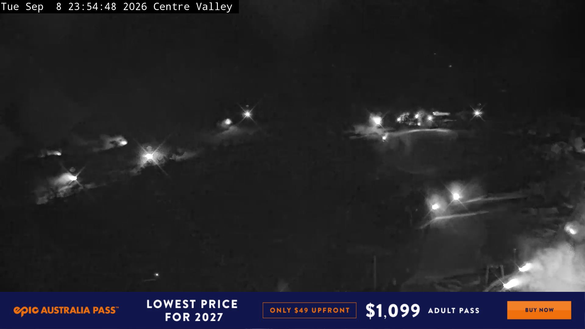 Perisher Centre Valley and Mt Perisher snow cam captured at 8 September 2026 at 11:58 pm AEST