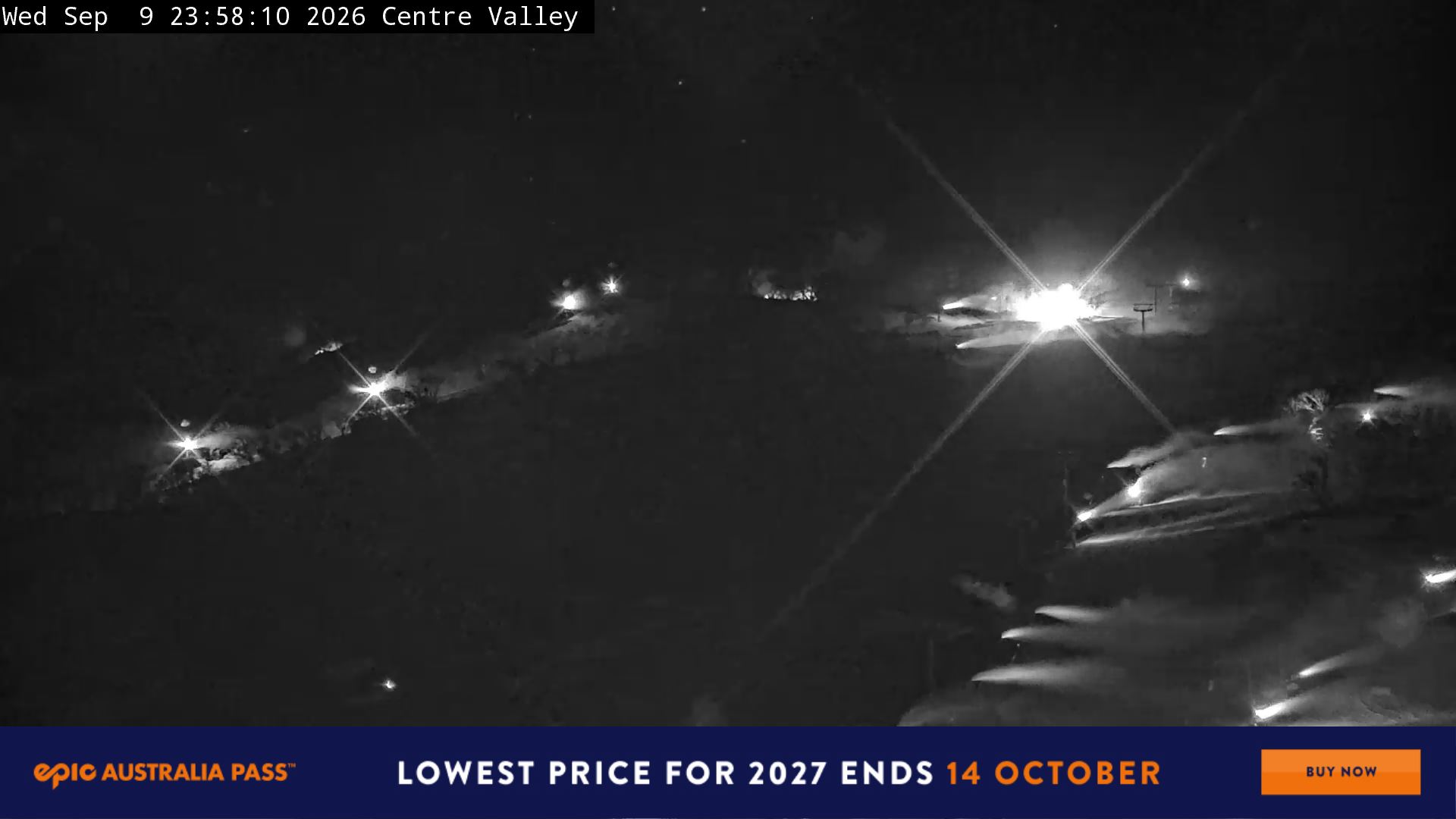 Perisher Centre Valley and Mt Perisher snow cam captured at 9 September 2026 at 11:59 pm AEST