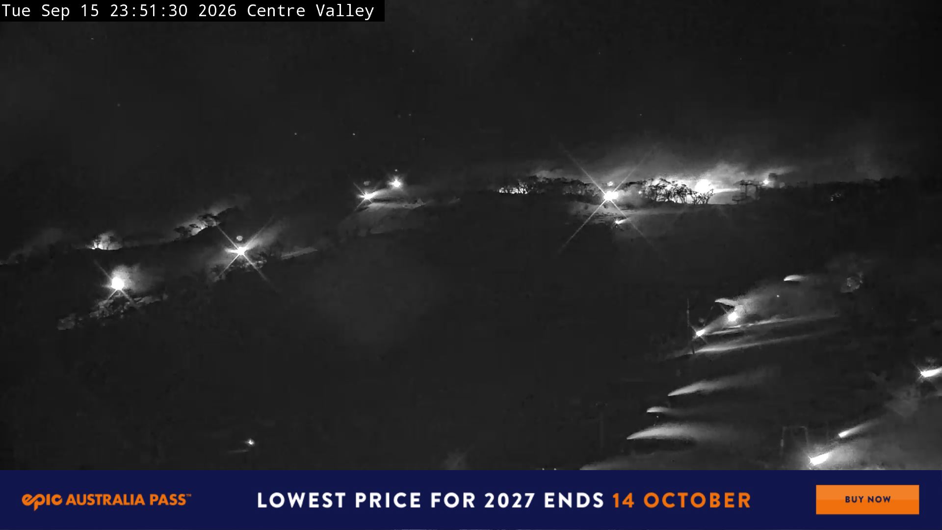 Perisher Centre Valley and Mt Perisher snow cam captured at 15 September 2026 at 11:55 pm AEST