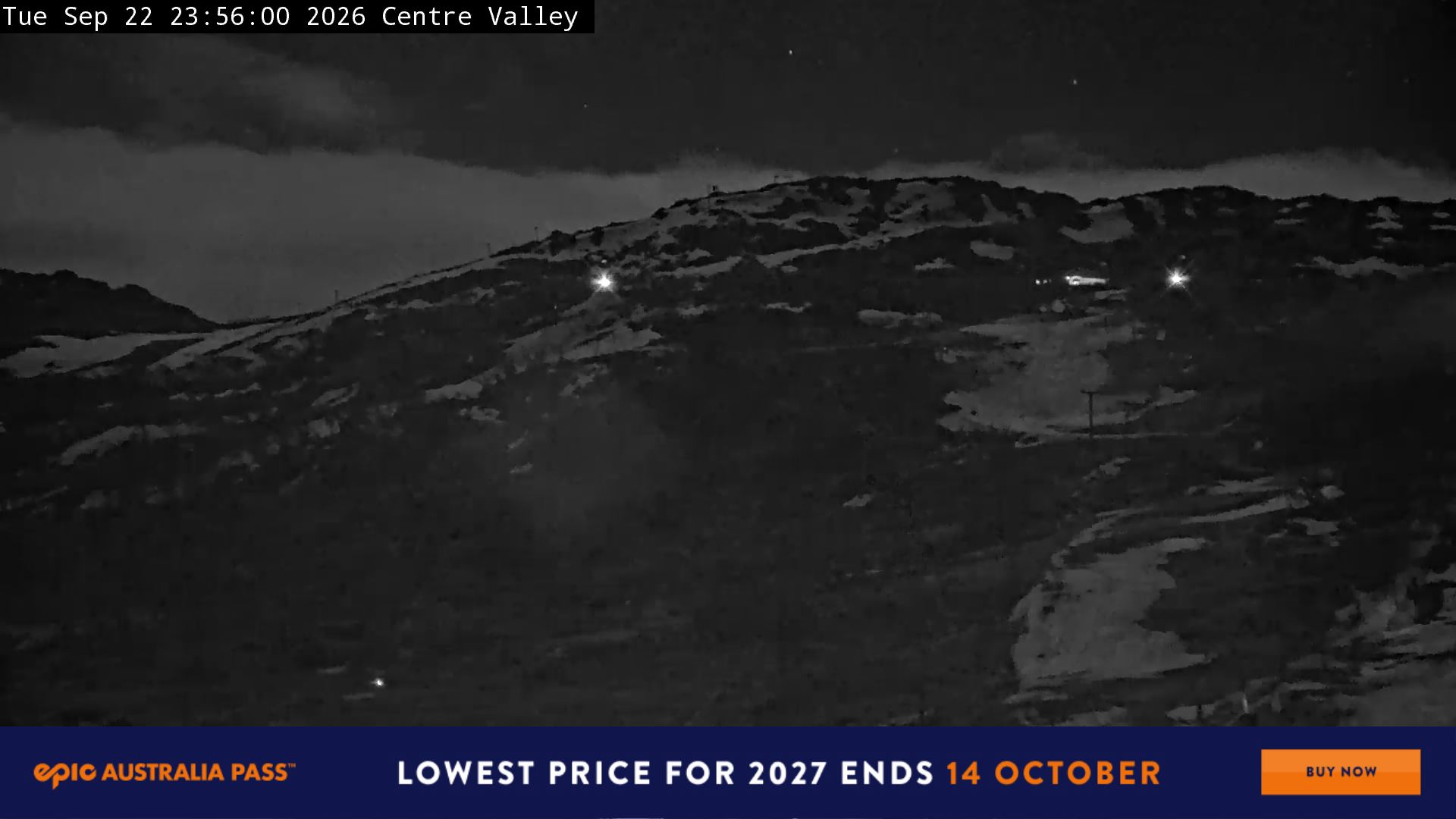 Perisher Centre Valley and Mt Perisher snow cam captured at 22 September 2026 at 11:57 pm AEST
