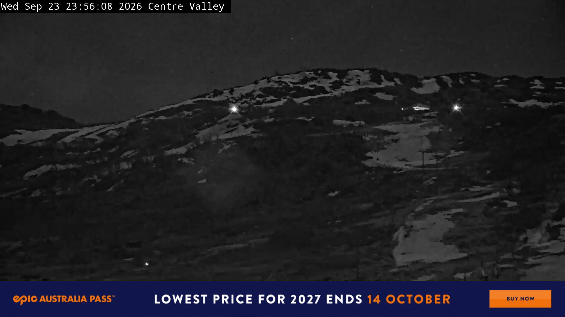 Perisher Centre Valley and Mt Perisher snow cam captured at 23 September 2026 at 11:59 pm AEST