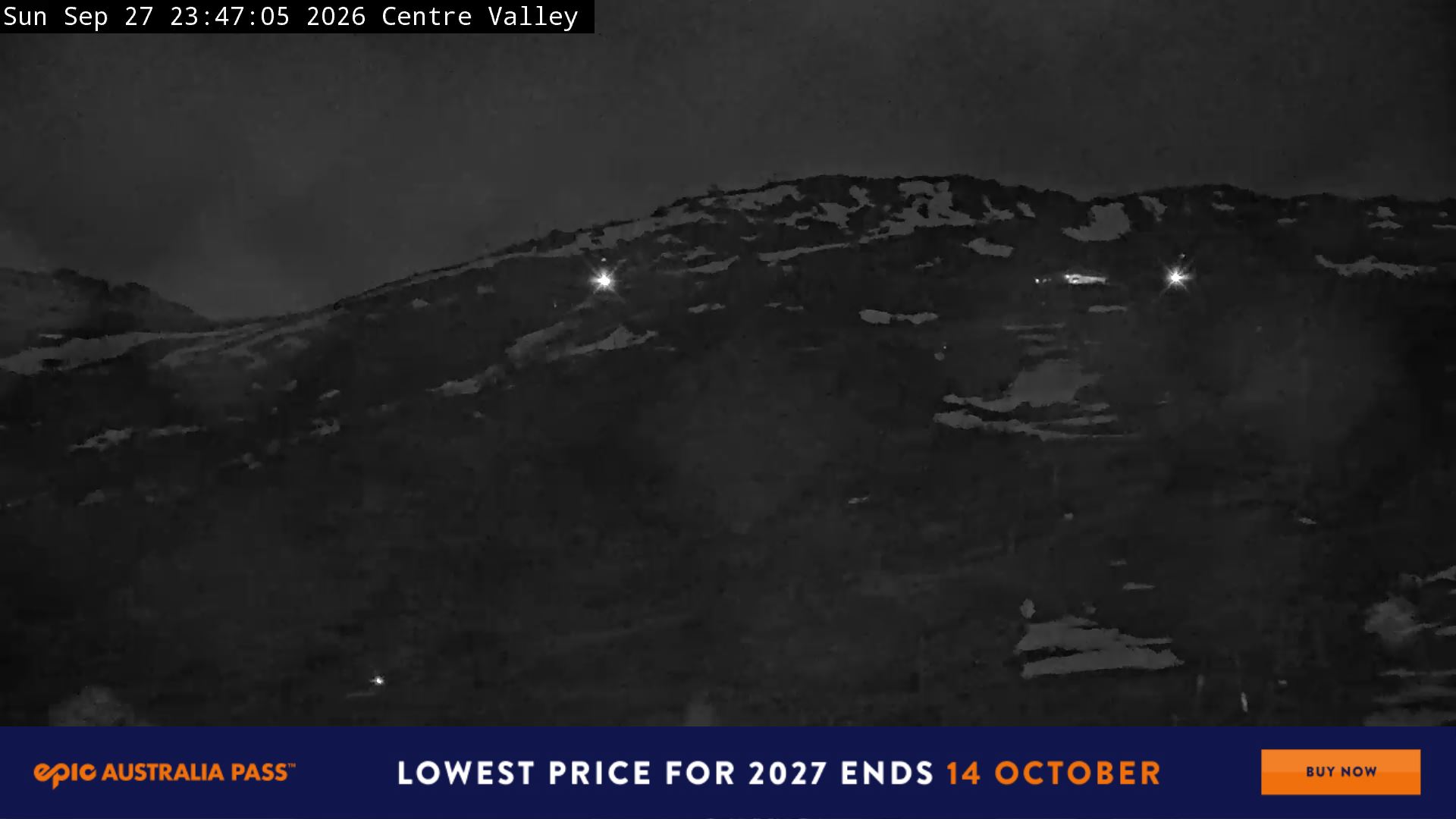 Perisher Centre Valley and Mt Perisher snow cam captured at 27 September 2026 at 11:49 pm AEST