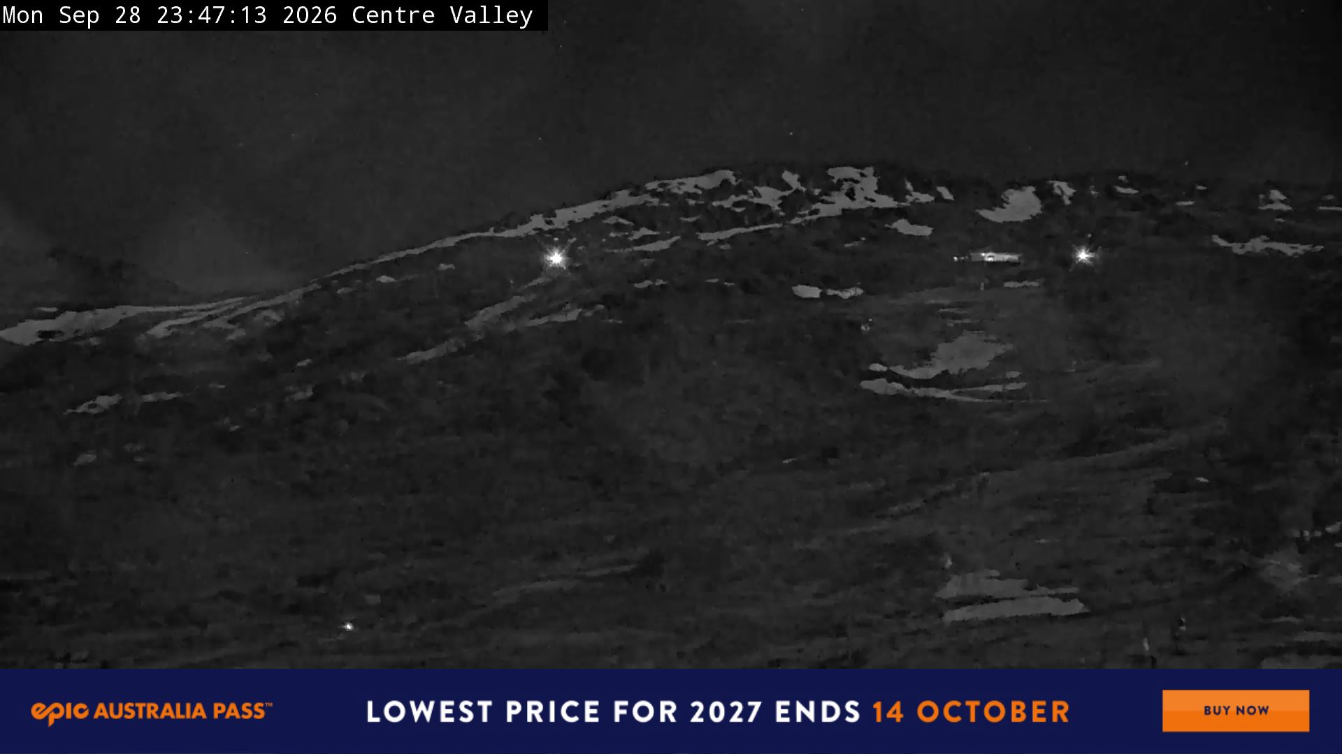 Perisher Centre Valley and Mt Perisher snow cam captured at 28 September 2026 at 11:54 pm AEST