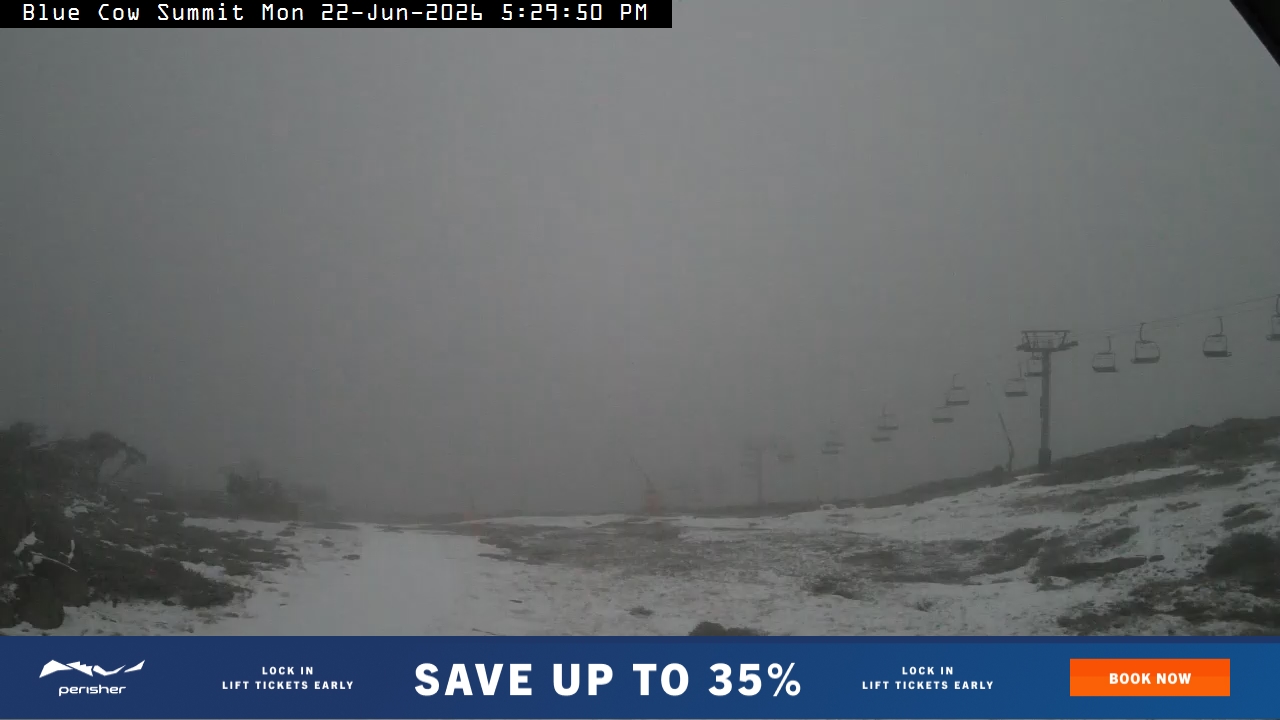 Perisher Blue Cow Summit snow cam captured at 22 June 2026 at 5:34 pm AEST