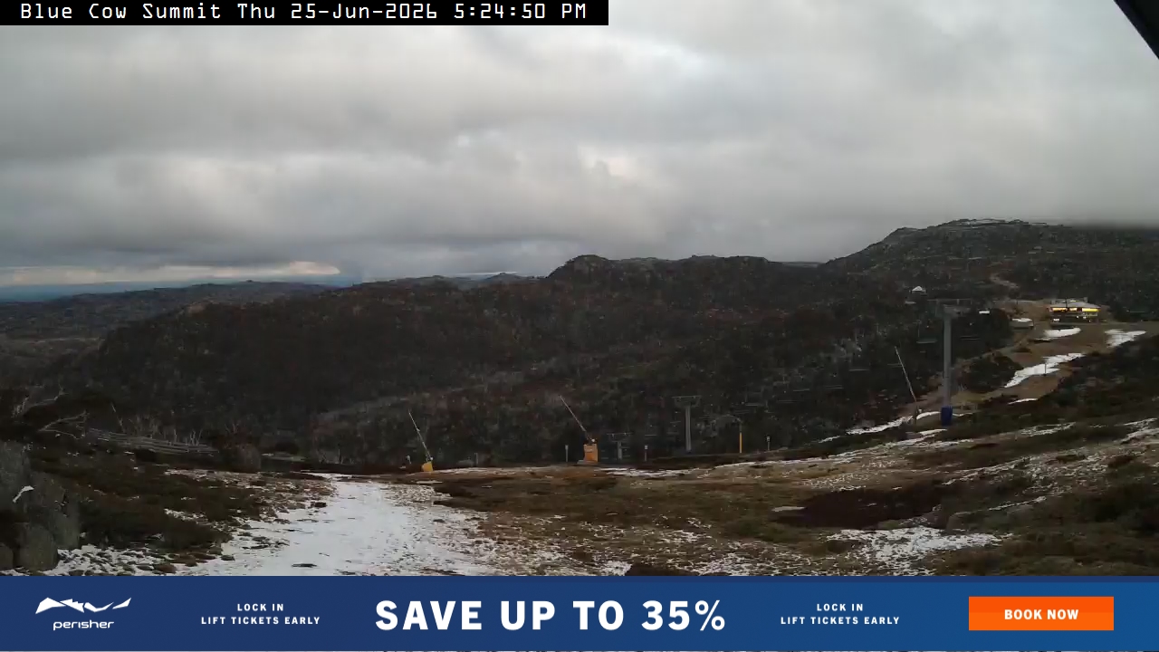 Perisher Blue Cow Summit snow cam captured at 25 June 2026 at 5:28 pm AEST