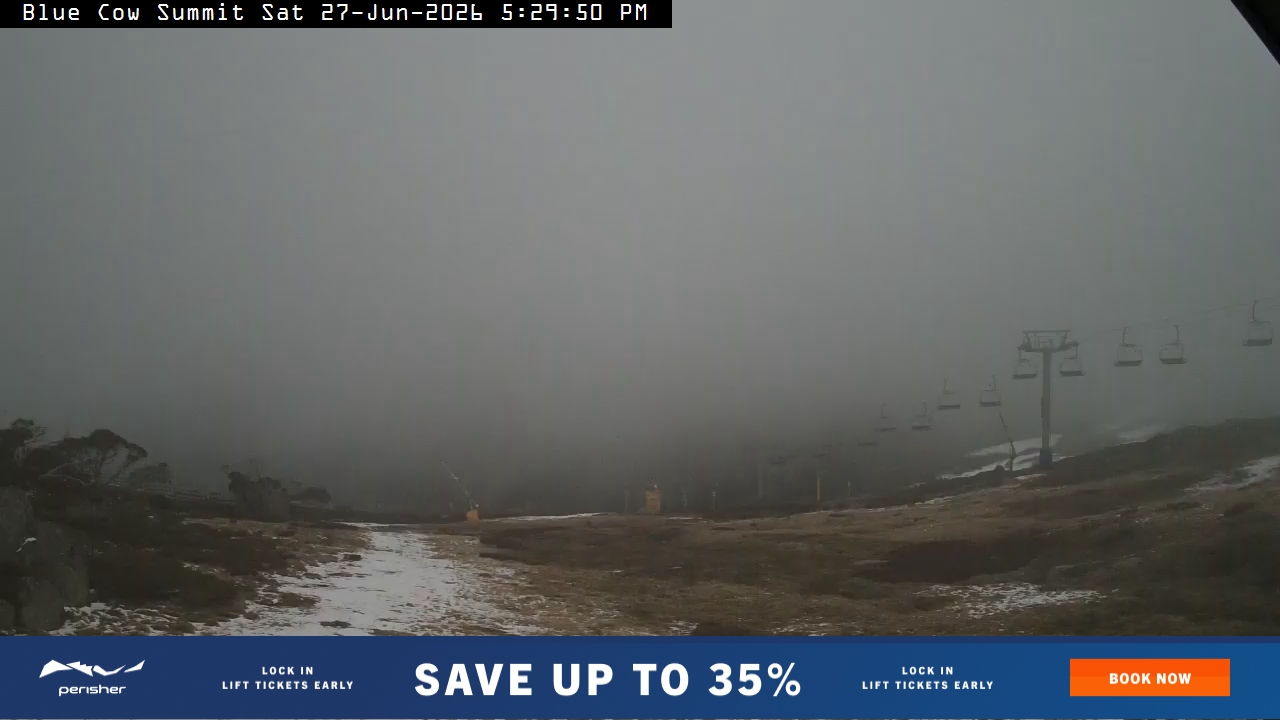 Perisher Blue Cow Summit snow cam captured at 27 June 2026 at 5:32 pm AEST
