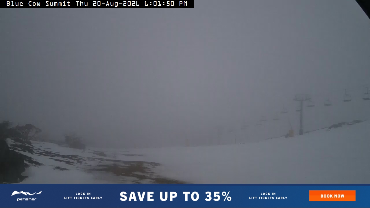 Perisher Blue Cow Summit snow cam captured at 20 August 2026 at 6:07 pm AEST