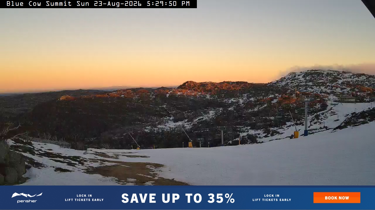 Perisher Blue Cow Summit snow cam captured at 23 August 2026 at 5:37 pm AEST