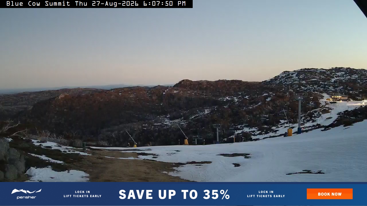 Perisher Blue Cow Summit snow cam captured at 27 August 2026 at 6:14 pm AEST