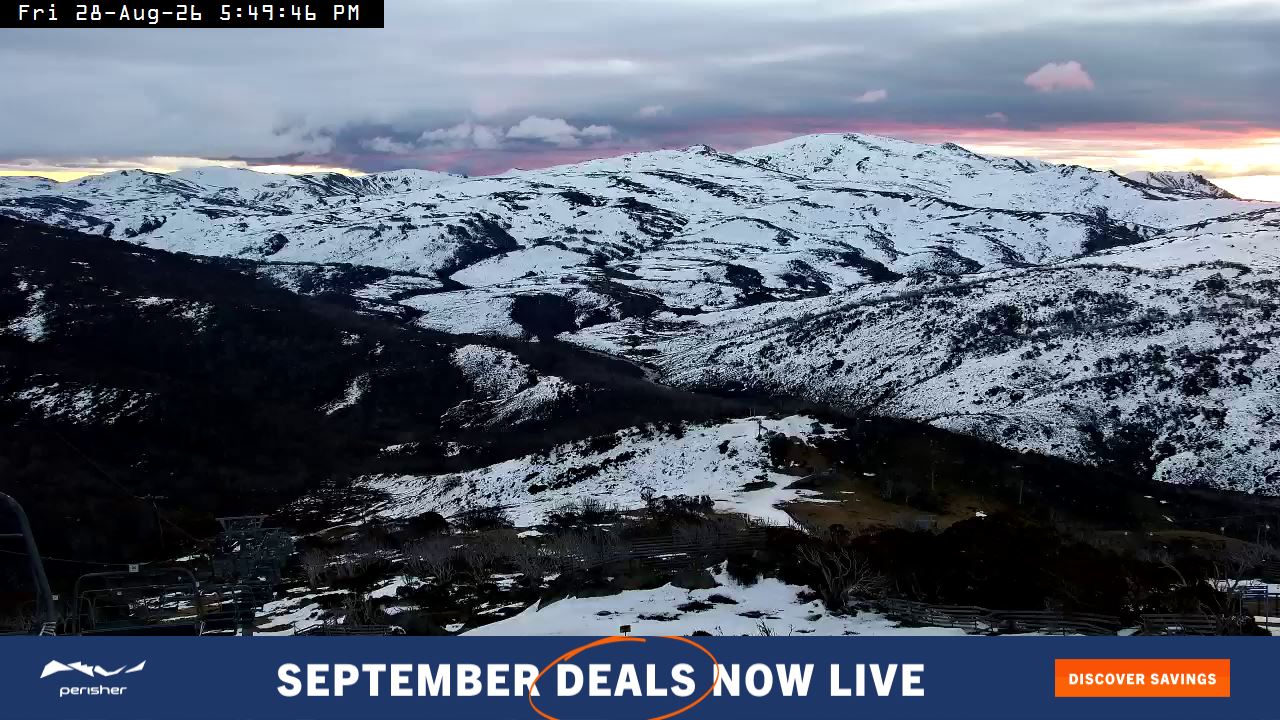 Perisher Top of Freedom snow cam captured at 28 August 2026 at 5:54 pm AEST