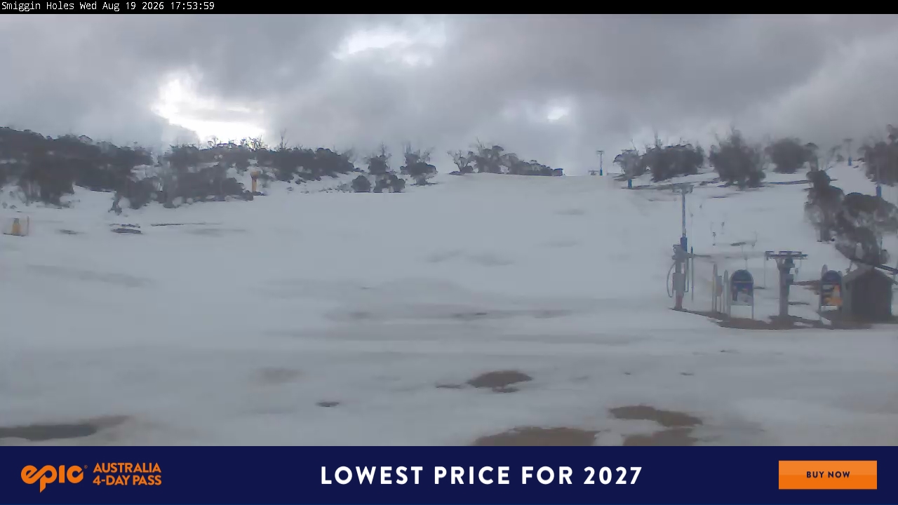 Perisher Smiggin Holes snow cam captured at 19 August 2026 at 5:56 pm AEST