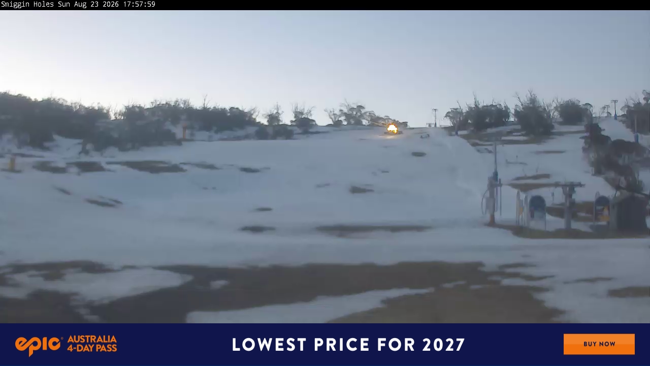 Perisher Smiggin Holes snow cam captured at 23 August 2026 at 6:00 pm AEST