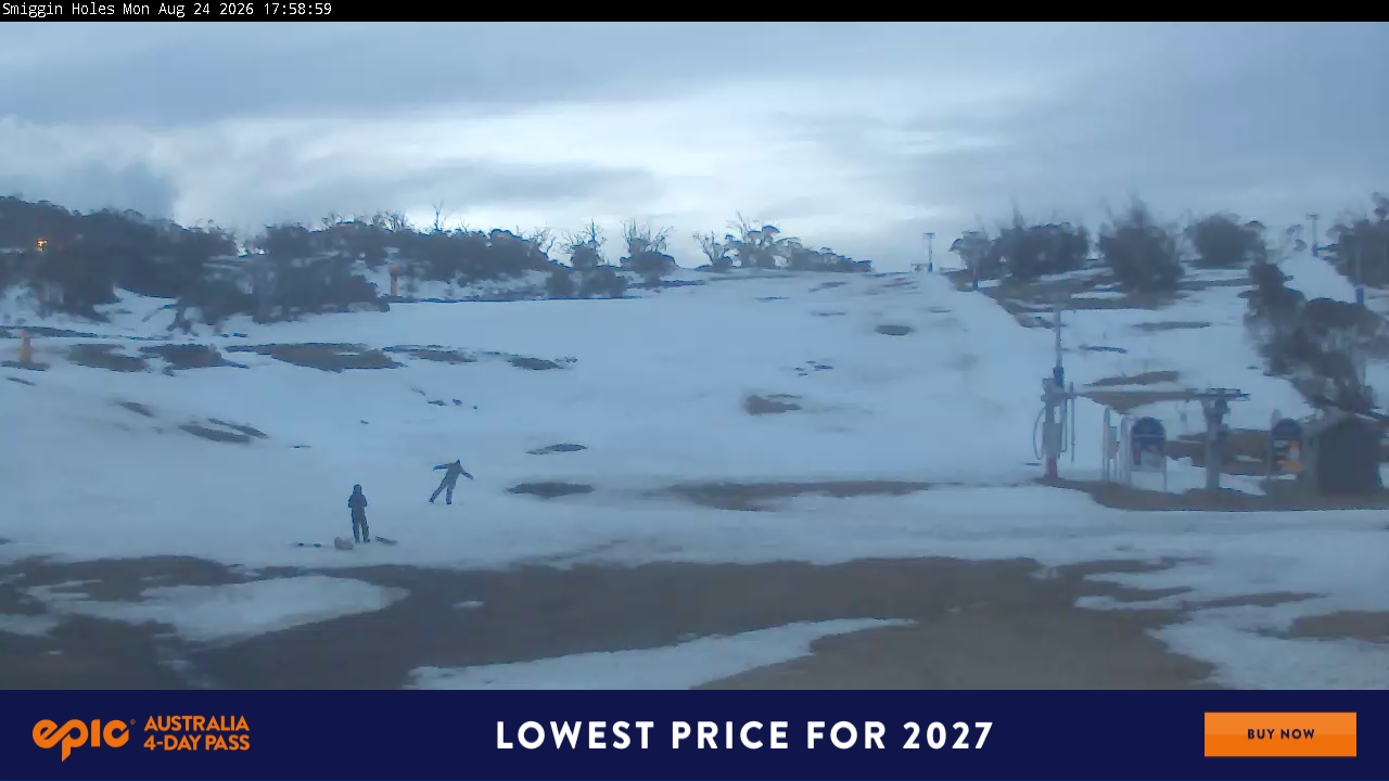 Perisher Smiggin Holes snow cam captured at 24 August 2026 at 6:01 pm AEST