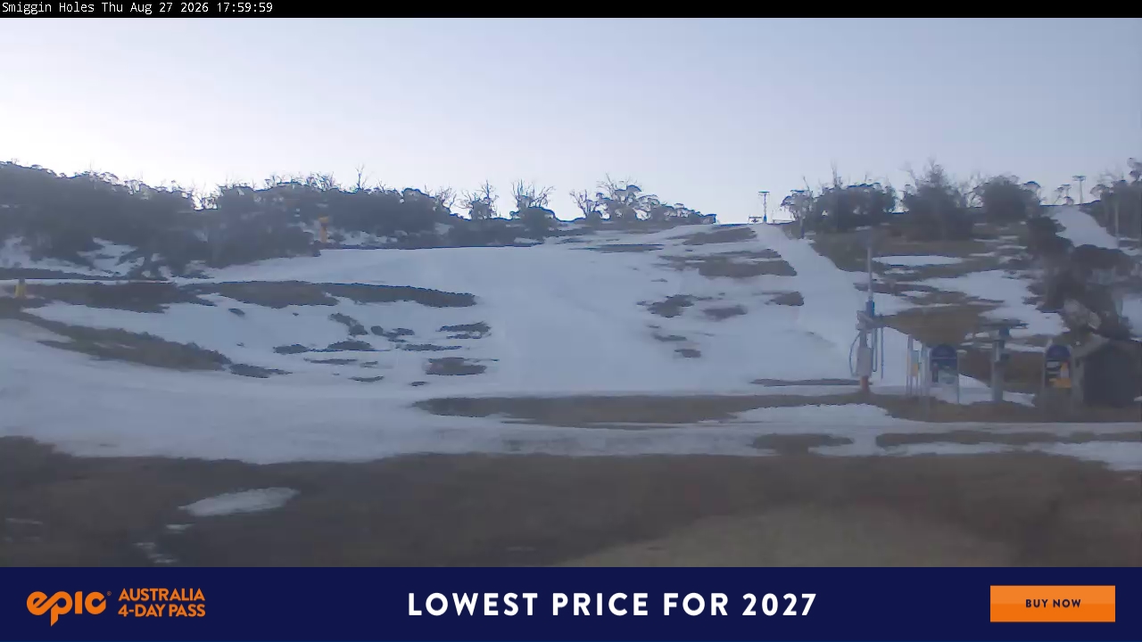 Perisher Smiggin Holes snow cam captured at 27 August 2026 at 6:04 pm AEST