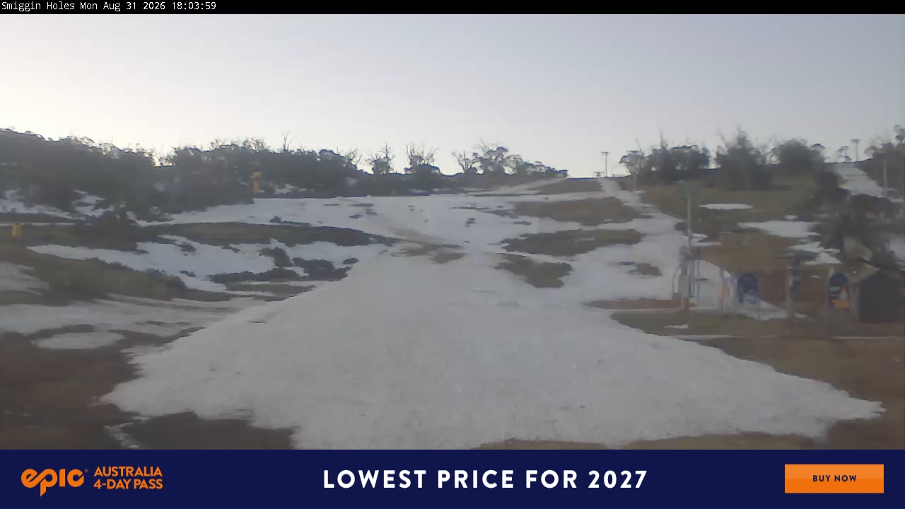 Perisher Smiggin Holes snow cam captured at 31 August 2026 at 6:08 pm AEST