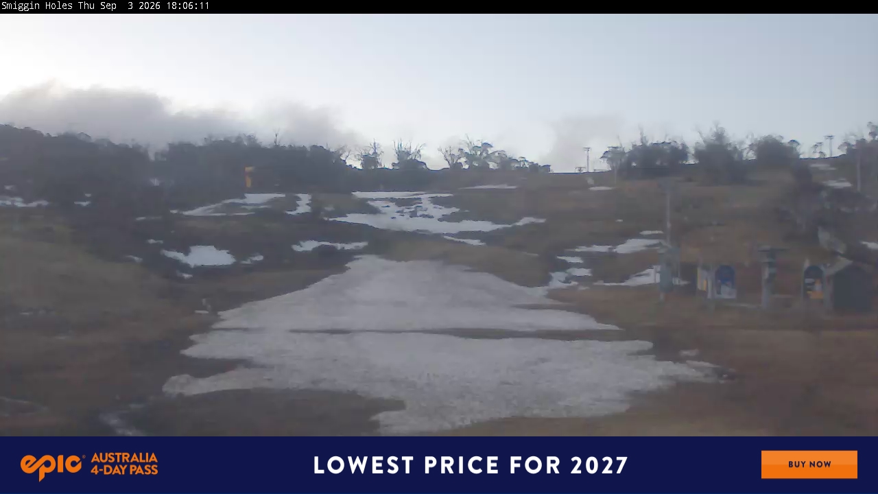 Perisher Smiggin Holes snow cam captured at 3 September 2026 at 6:13 pm AEST