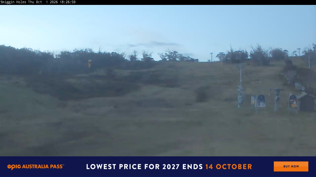 Perisher Smiggin Holes snow cam captured at 1 October 2026 at 6:37 pm AEST