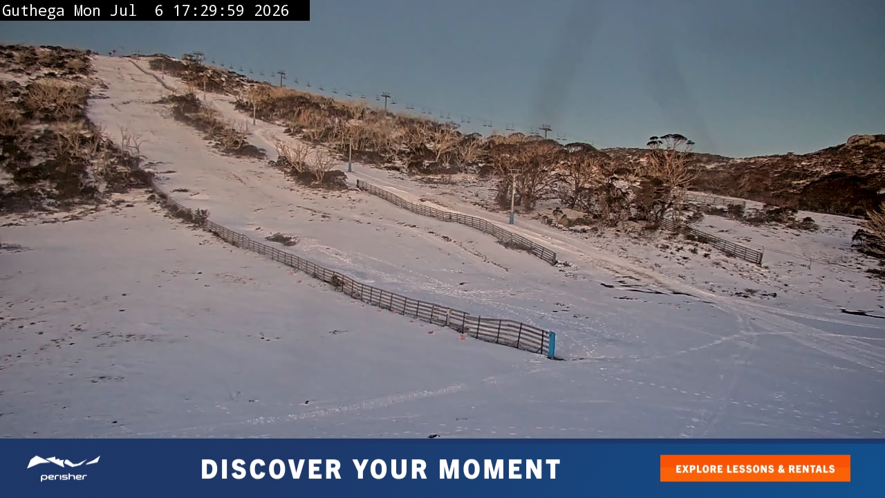 Perisher Guthega snow cam captured at 6 July 2026 at 5:31 pm AEST