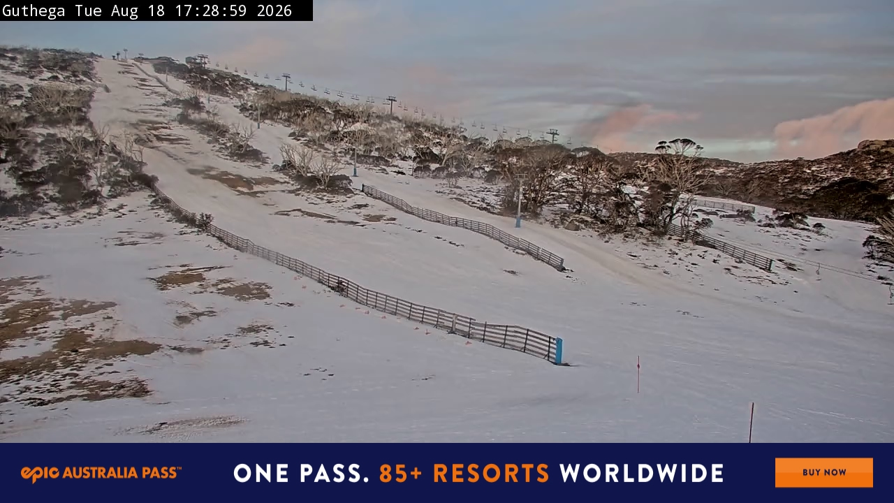Perisher Guthega snow cam captured at 18 August 2026 at 5:33 pm AEST