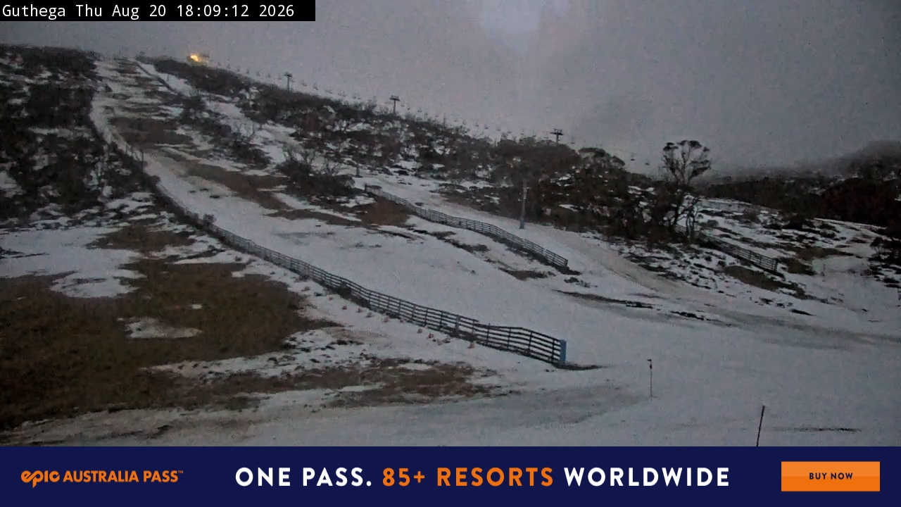 Perisher Guthega snow cam captured at 20 August 2026 at 6:19 pm AEST