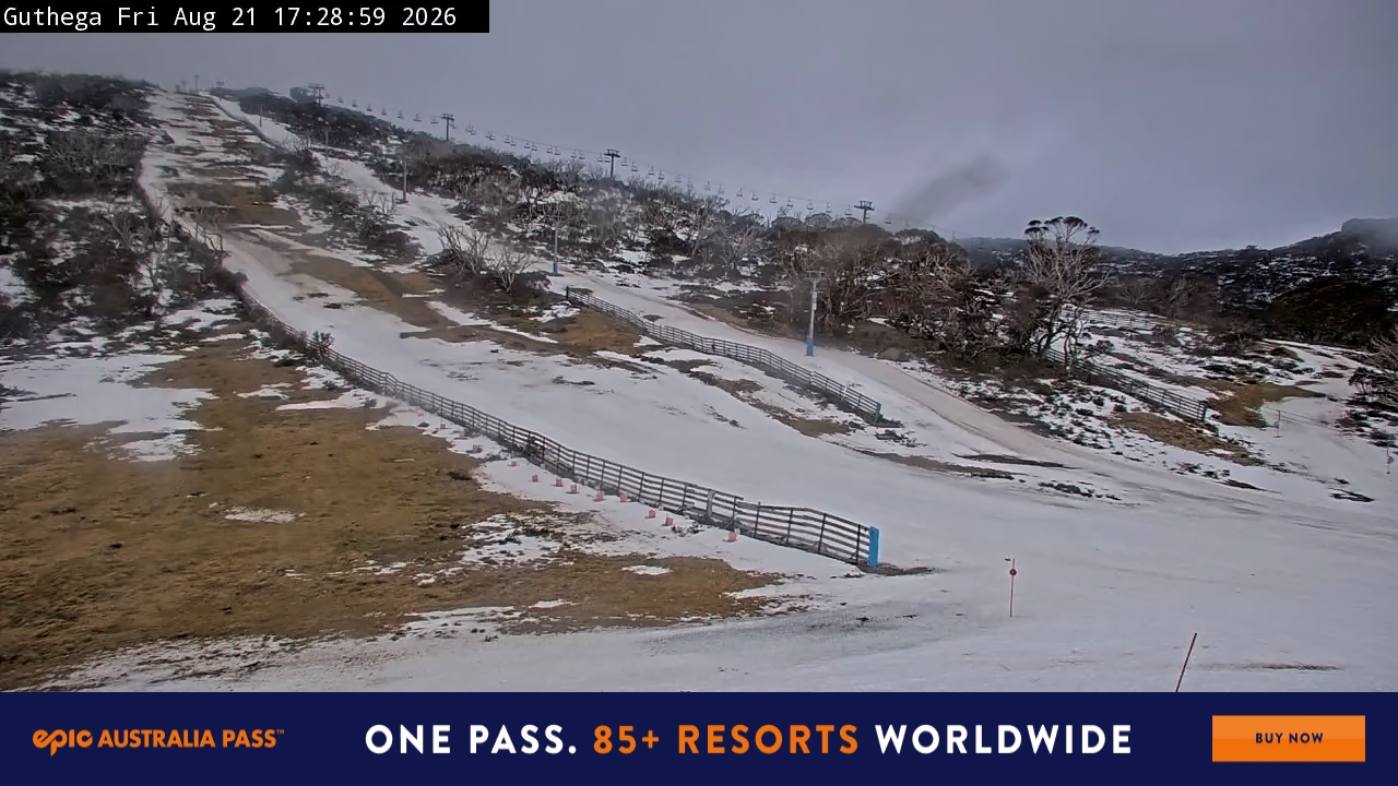 Perisher Guthega snow cam captured at 21 August 2026 at 5:36 pm AEST