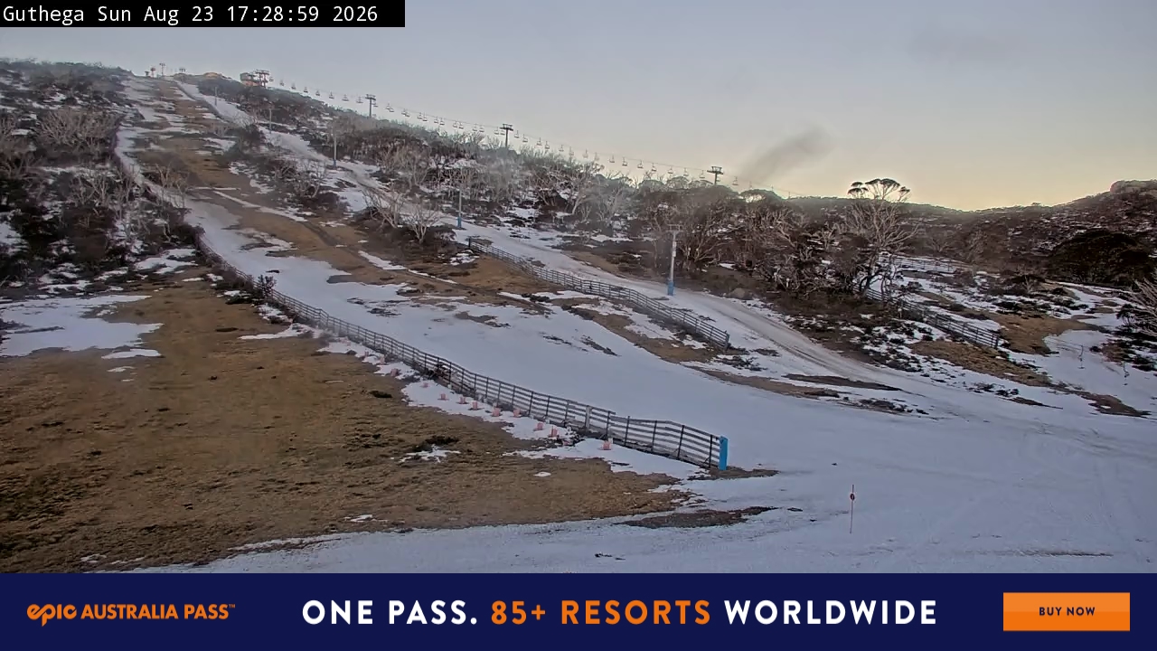 Perisher Guthega snow cam captured at 23 August 2026 at 5:38 pm AEST