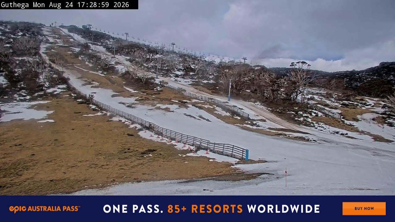 Perisher Guthega snow cam captured at 24 August 2026 at 5:29 pm AEST
