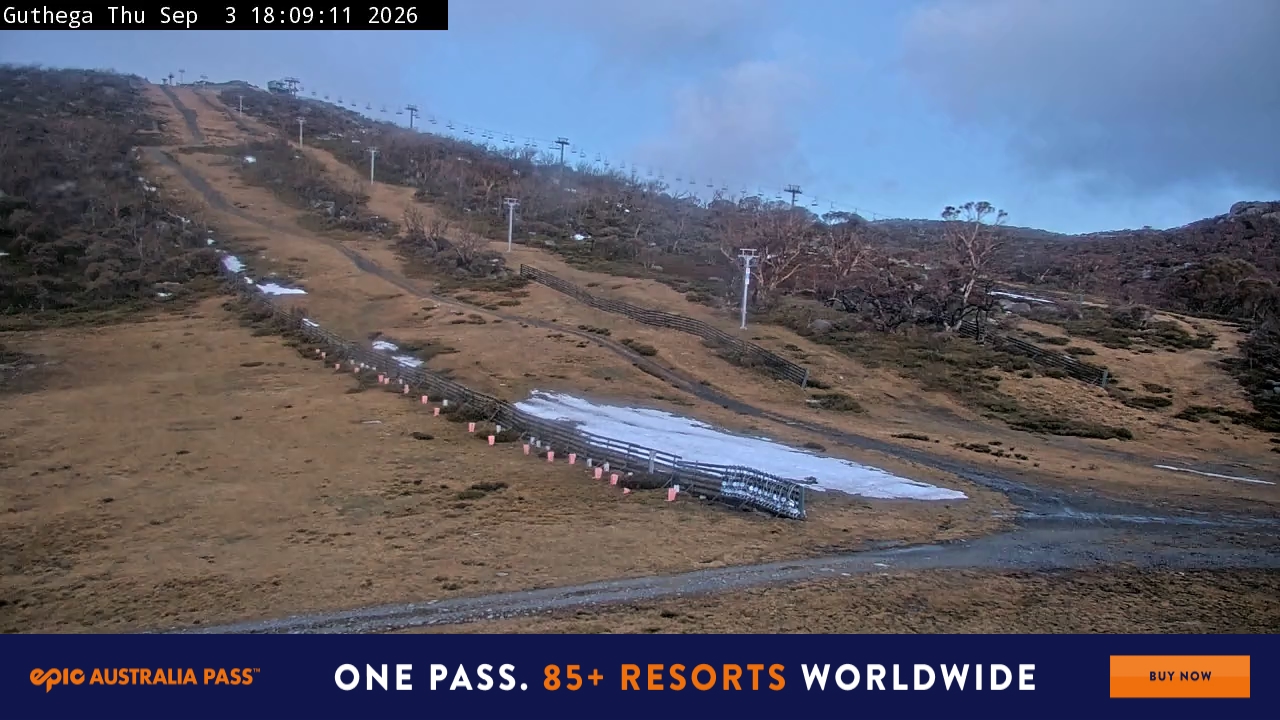 Perisher Guthega snow cam captured at 3 September 2026 at 6:13 pm AEST